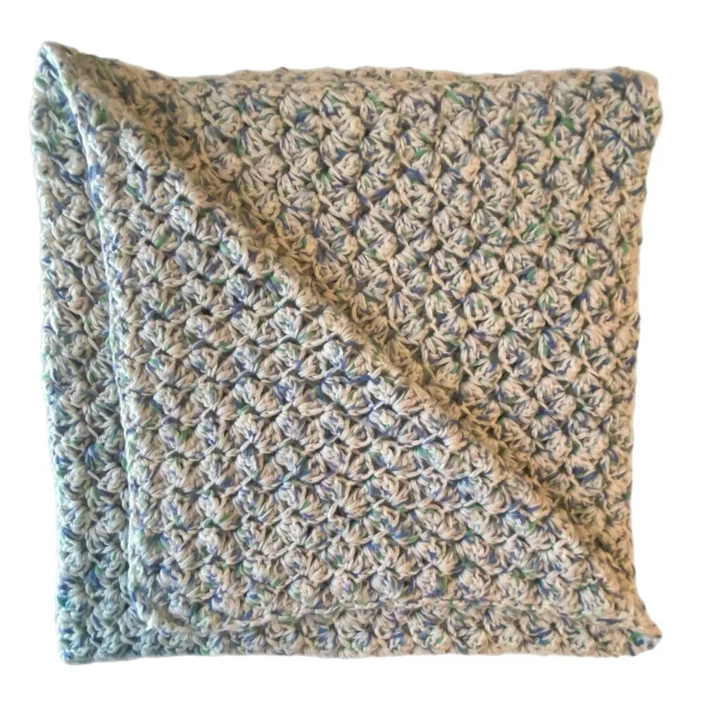 Hand Crocheted Afghan Throw Lap Blanket Blue/White (with Specks of Green)